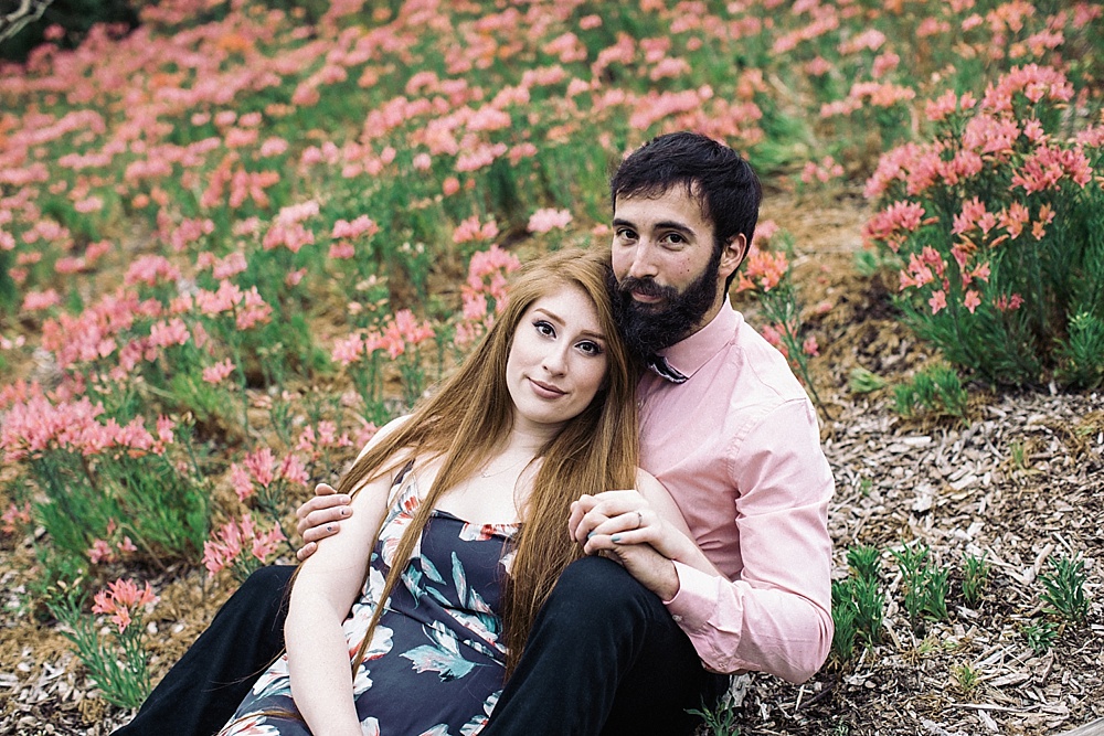 Engagement photos pink flowers meadow