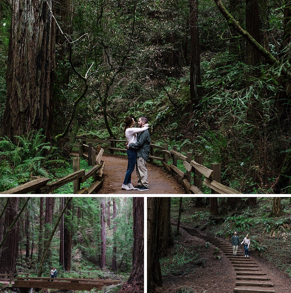 hiking in woods couple engagement photos Muir Woods