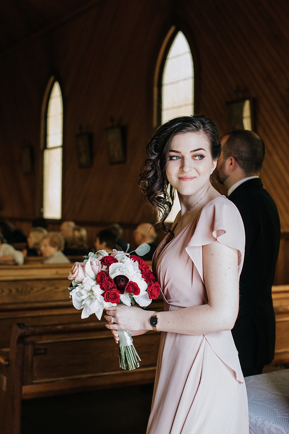 bridesmaid in Old St.Hilary’s Church at Marin Wedding by Amy Thompson Photography