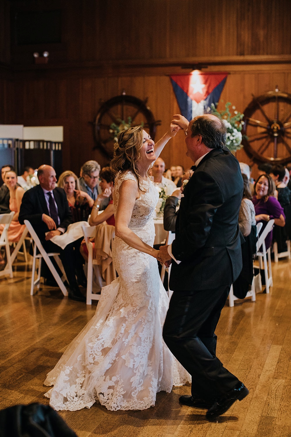 bride and groom dancing in Corinthian Yacht Club at marin wedding