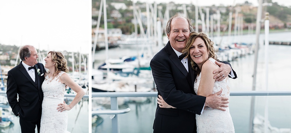 bride and groom outside by boats at Corinthian Yacht Club at marin wedding