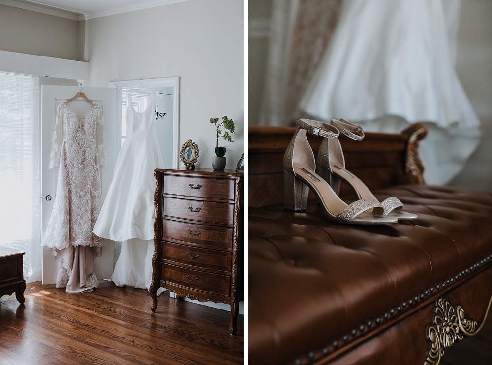 Bridal dresses hanging up before San Francisco Fairmont wedding