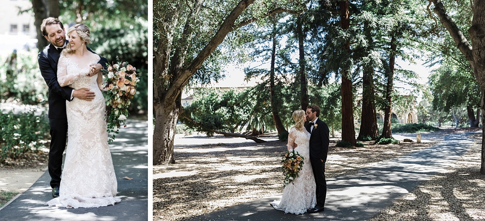 bride and groom kiss on stanford grounds before the fairmont san francisco wedding 