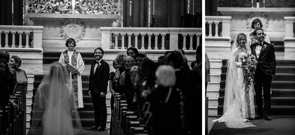 Bride and groom at altar of stanford memorial church before at the fairmont san francisco wedding by amy thompson photography