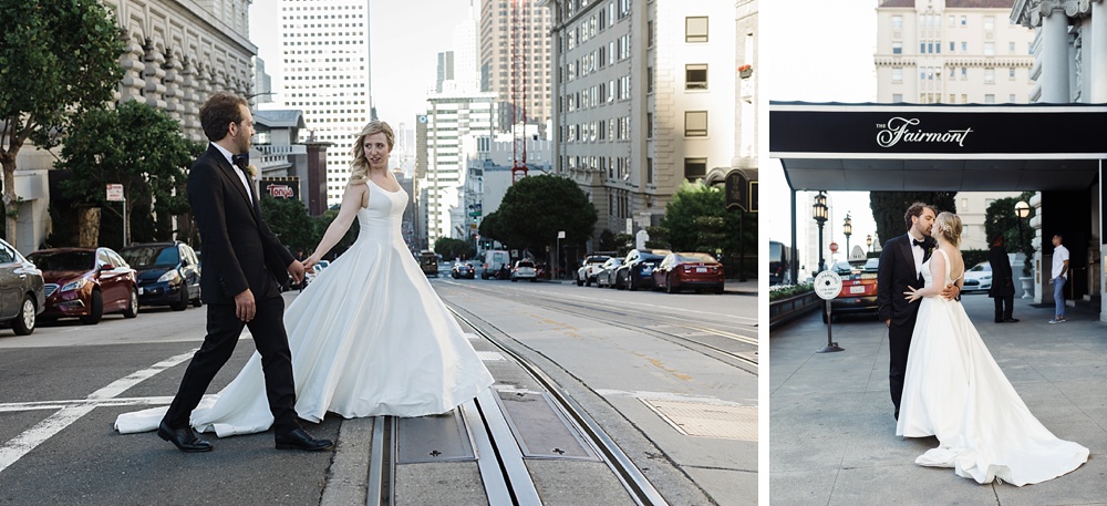 bride and groom walk across the street at the fairmont san francisco wedding