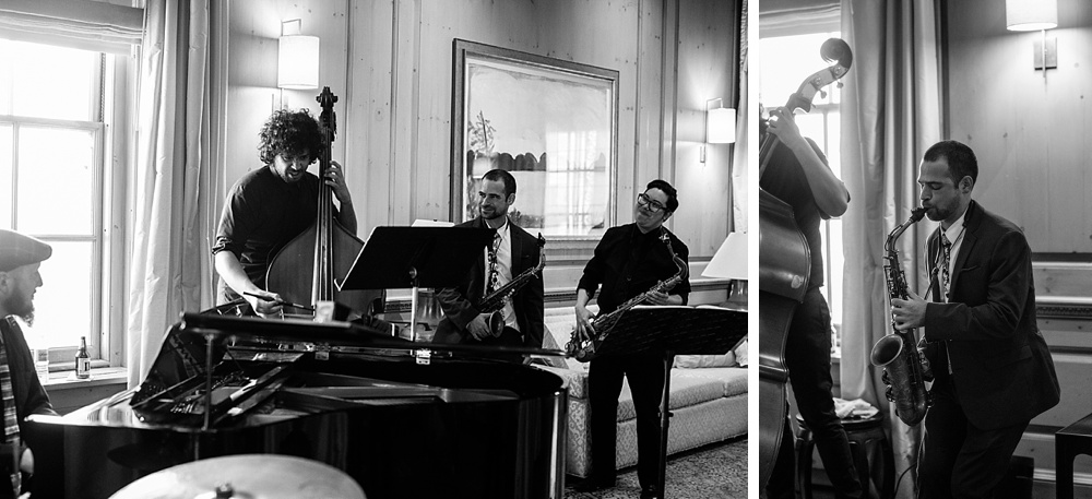 cello, saxaphone and pianist play at the fairmont san francisco wedding by amy thompson photography