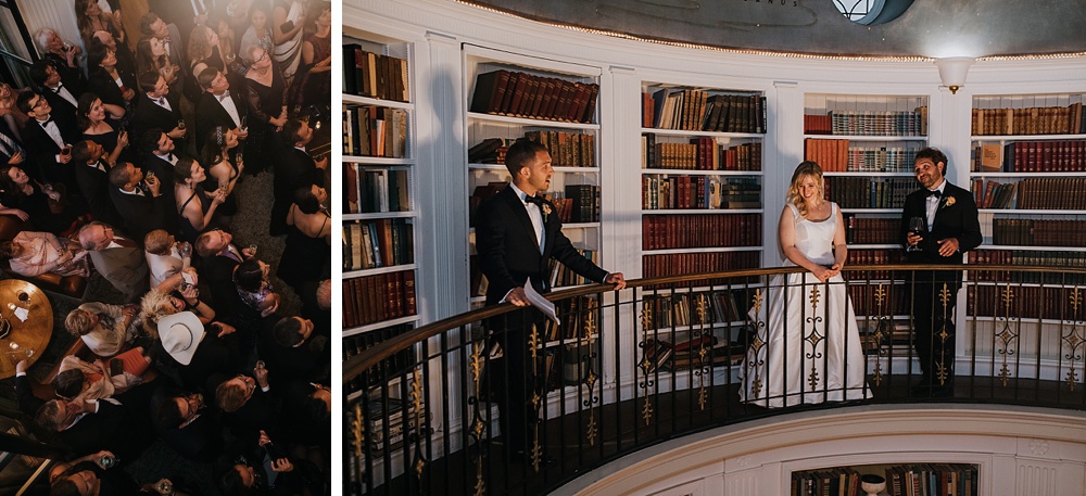 speeches atop second story library balcony at the fairmont san francisco wedding