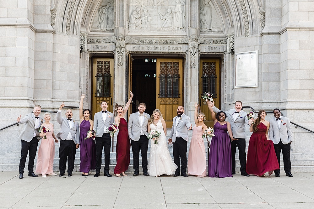 Bridesmaids and groomsmen outside church at San Francisco City Club Wedding by amy thompson photography