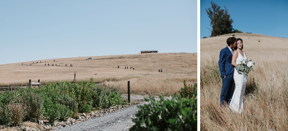 Guests hike down the ridge at a Bloomfield farms wedding