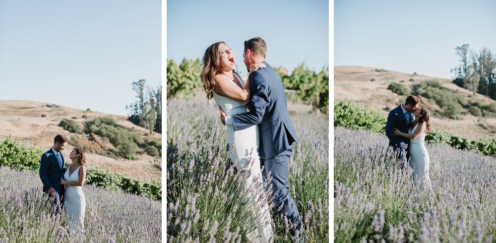 Bride and groom in lavender field at a Bloomfield farms wedding
