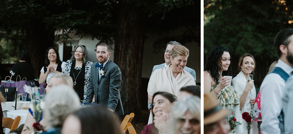 Bride and groom look over at each other during speeches at Rancho Nicasio Wedding