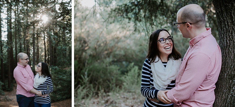 couple laughing at redwood regional park engagement by amy thompson photography
