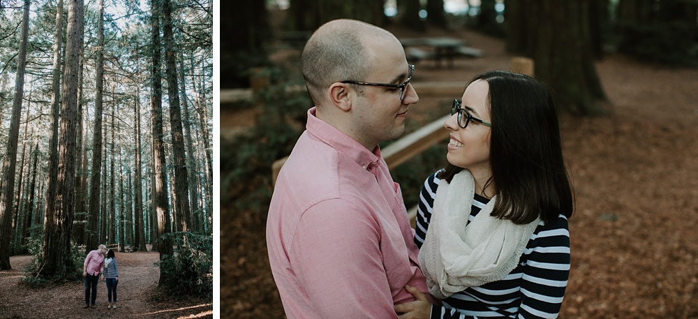 couple kissing at redwood regional park engagement by amy thompson photography