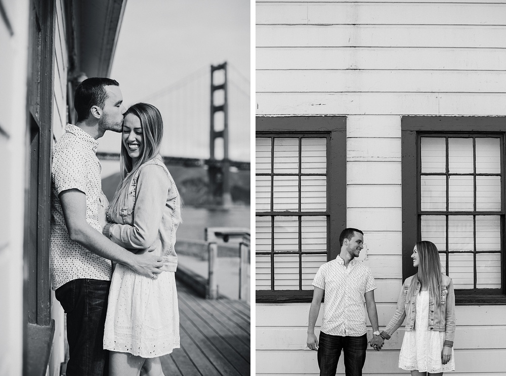 Couple pose in front of Crissy Field for san francisco engagement shoot location blog by amy thompson photography