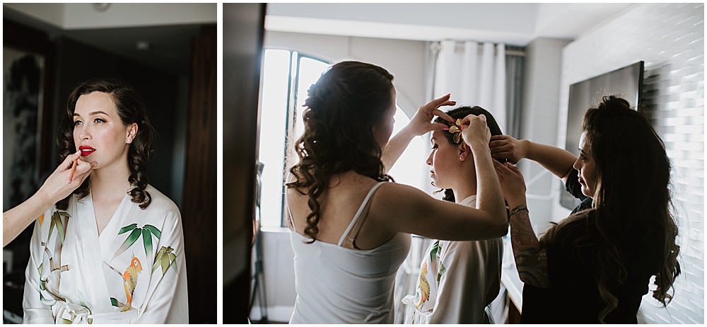 Bride getting hair and makeup done before San Francisco City Hall Wedding Ceremony 
