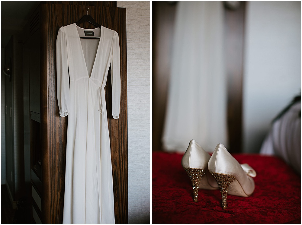 Close up of dress and shoes before San Francisco City Hall Wedding Ceremony