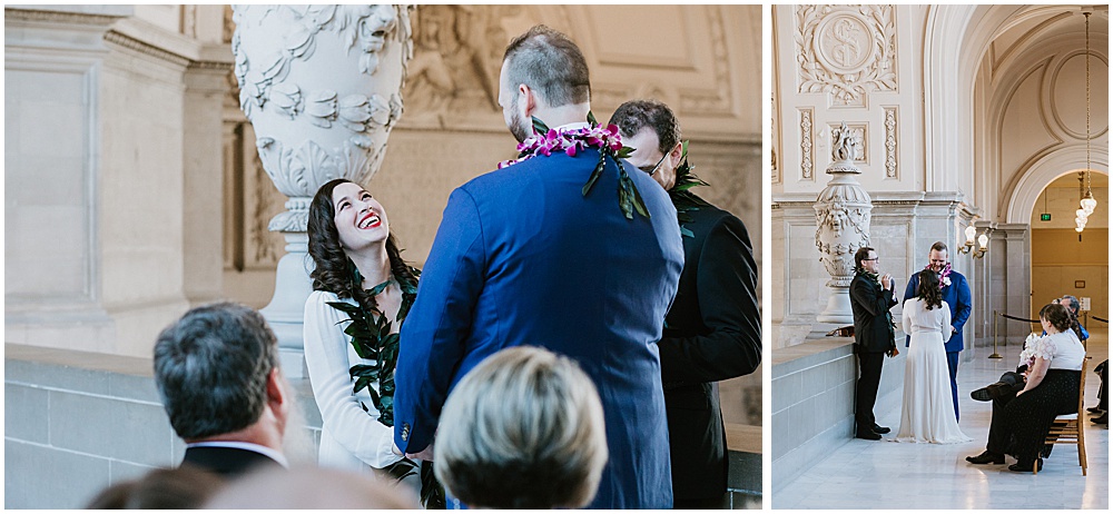Bride and groom laugh at San Francisco City Hall Wedding Ceremony