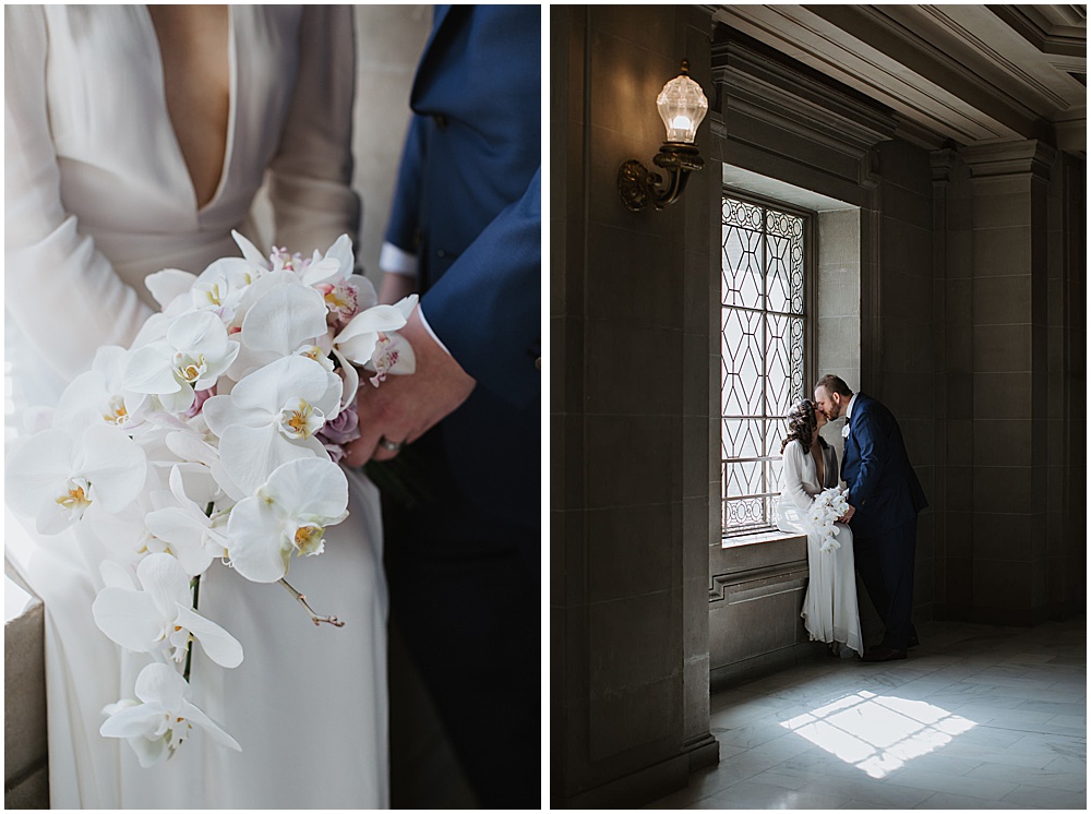 Bride and groom kiss by window at San Francisco City Hall Wedding Ceremony by amy thompson photography