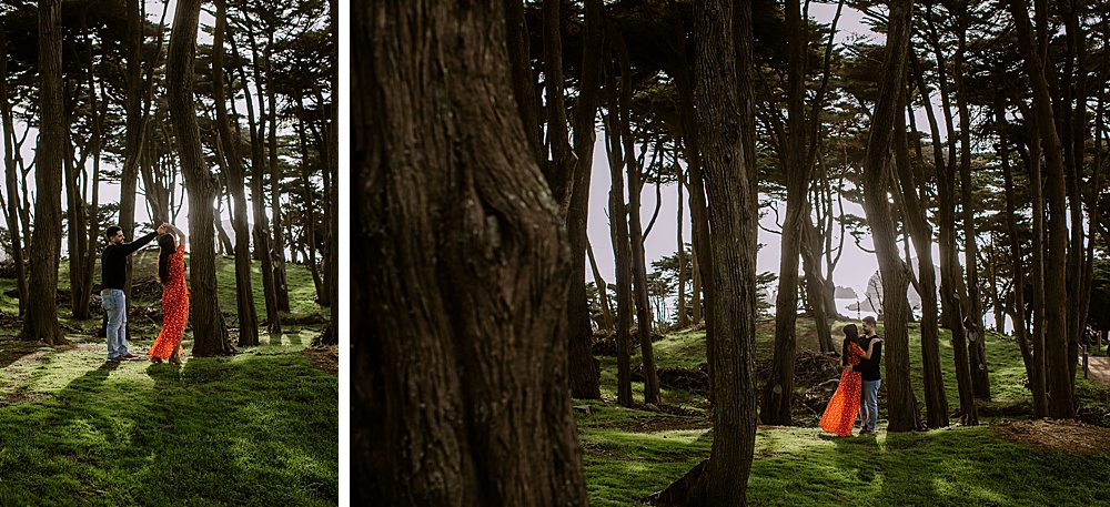 couple dances in forest during sutro baths engagement session by amy thompson photography
