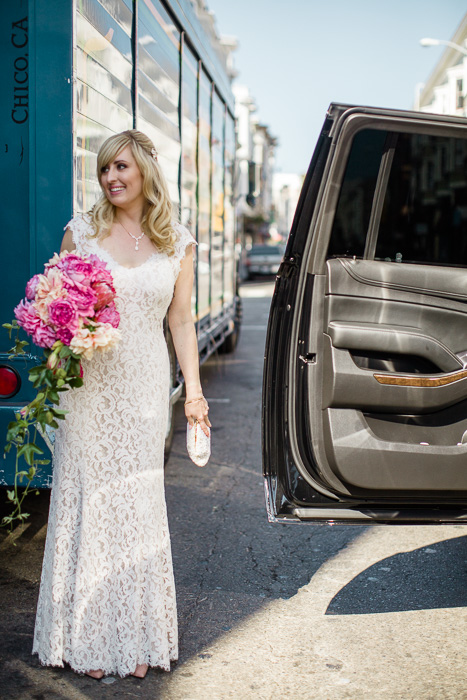 bride getting in the car