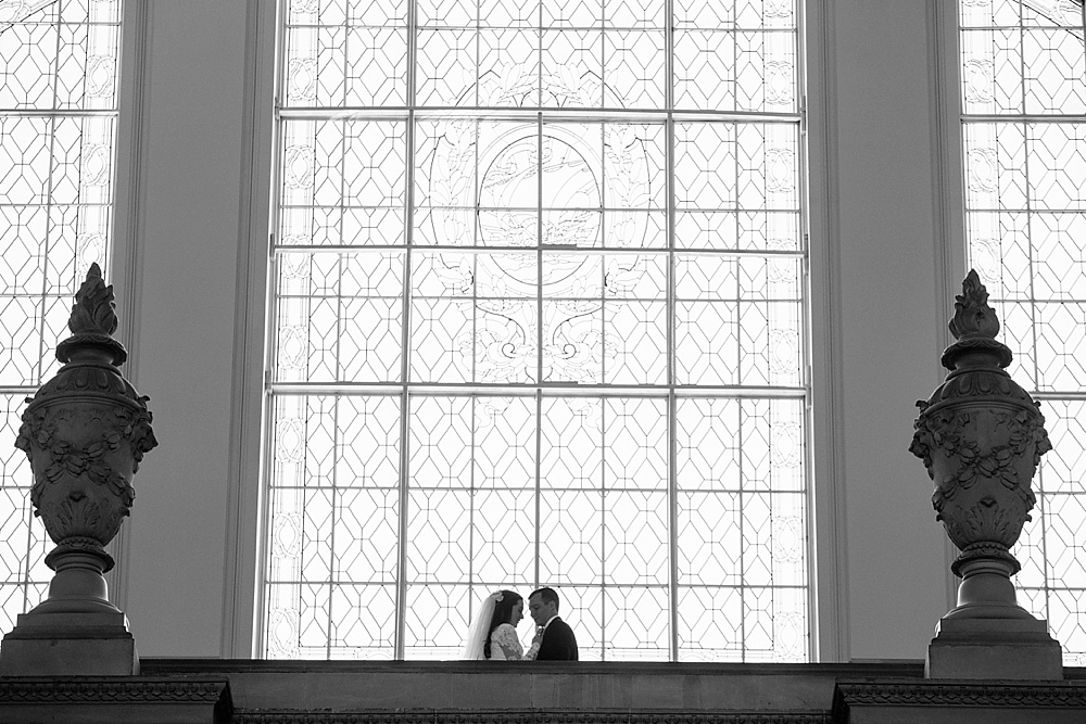 Bride and groom black and white portrait at San Francisco City Hall wedding