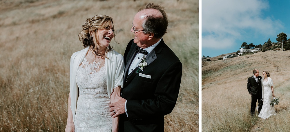 bride and groom laughing outside at their marin wedding by amy thompson photography
