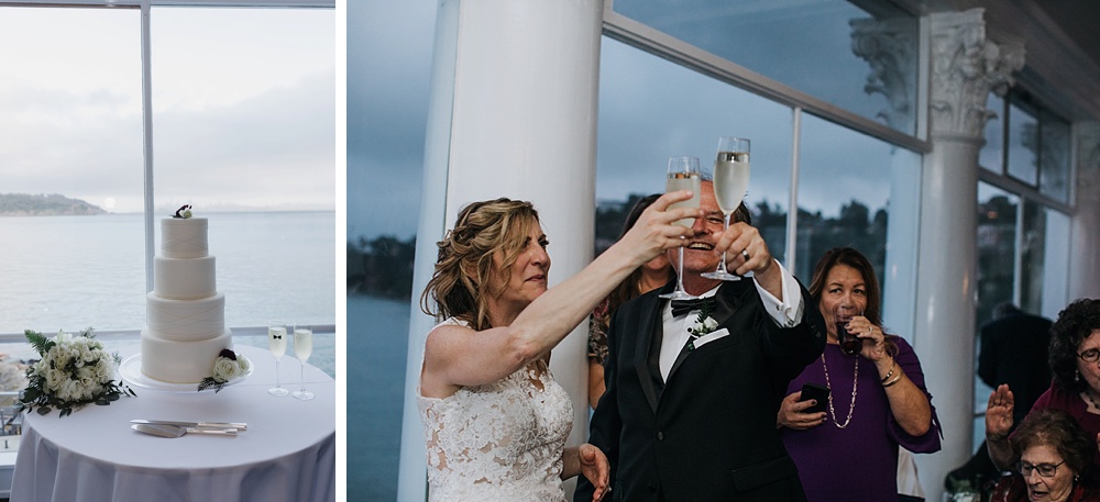 bride and groom cheersing champagne in Corinthian Yacht Club at marin wedding
